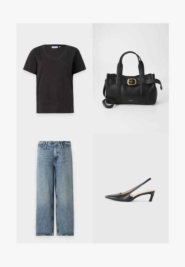 Must musta T-särk V-kaelusega ja lühikeste varrukatega. Lihtne disain, regulaarne istuvus, ilma mustrite ja aktsentideta.; Heledad sinine laia jalgadega teksad, mis on valmistatud denimist, keskmise tõusuga vööst, klassikalise viie taskuga disainiga ja kergelt kulunud efektiga kogu kangal.; Must mustaga, terav varvas, madala kontsaga sildiga king, mis on valmistatud siledast nahast ja mille küljel on lõike disain hingavuse tagamiseks.; Must mustraga nahkakott, millel on struktureeritud disain, kaks ülemist kanda, kuldse tooni pandla aktsent ja esiküljel embosseeritud brändi logo.