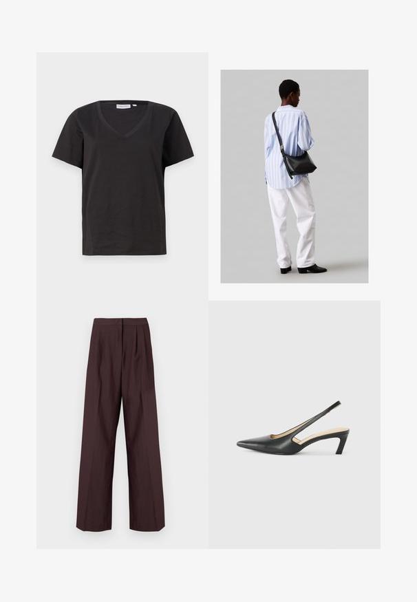 Juodas medvilninis marškinėlis su V formos iškirpte ir trumpomis rankovėmis. Paprastas dizainas, reguliaraus kirpimo, be raštų ar akcentų.; Platus kojų kelnių tamsiai burgundiško atspalvio audinys. Turi plokščią juosmenį ir priekinę raukšlę. Lygi tekstūra ir pritaikytas dizainas.; Juodas smailus slingback batelis su žemu kulnu, pagamintas iš lygaus odos paviršiaus ir su išpjovomis šone, užtikrinančiomis oro pralaidumą.; Juodas odinis petinis krepšys su minkšta tekstūra, trikampiu pavidalu ir reguliuojama juosta, derinamas su šviesiai mėlynu dryžuotu marškinėliu ir baltais džinsais.