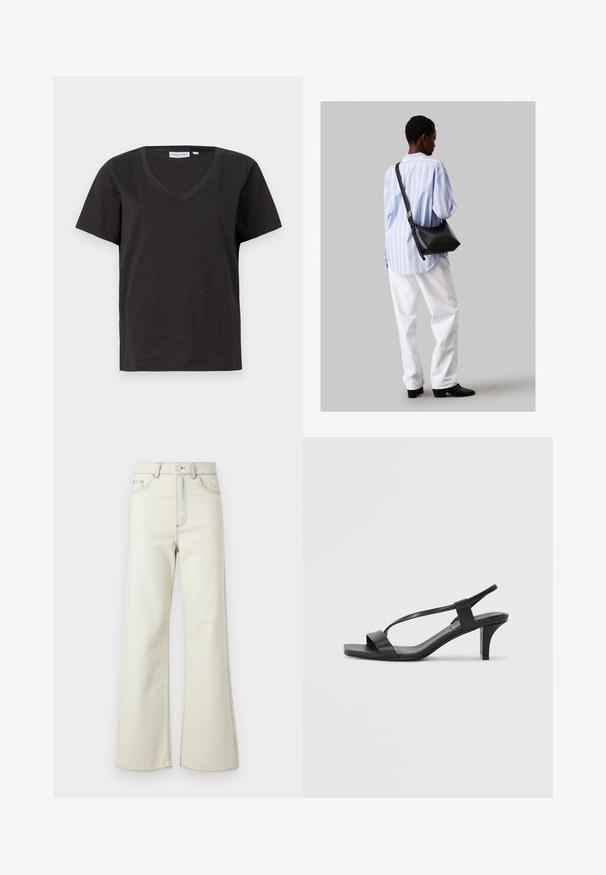 Must musta T-särk V-kaelusega ja lühikeste varrukatega. Lihtne disain, regulaarne istuvus, ilma mustrite ja aktsentideta.; Kõrge vöökohaga beežid denim püksid laia säärega, millel on heledad õmblused ja esi tõmblukk. Taskud pole nähtavad.; Mustad musta kõrge kontsaga sandaalid, millel on õhuke rihmastik, ruudukujuline nina ja keskmise kõrgusega plokknina. Valmistatud siledast nahast mattviimistlusega.; Must have mustras alasi nahkpatsi, pehme tekstuuriga, kolmnurkse kujuga ja reguleeritava rihmaga, koos helesinise triibulise särgi ja valgete pükstega.