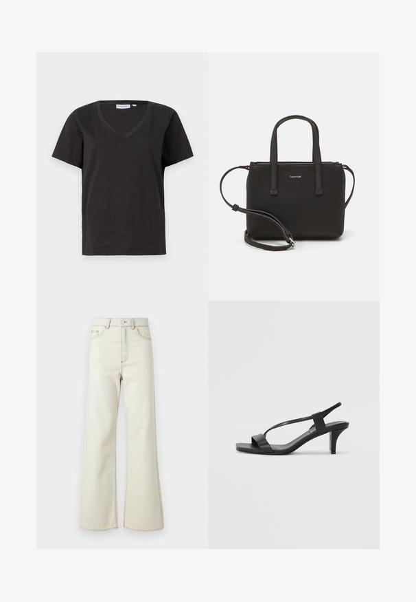 Camisa de algodón negra con cuello en V y mangas cortas. Diseño simple con un corte regular y sin patrones ni acentos.; Jeans de mezclilla beige de tiro alto con piernas anchas, que presentan costuras claras y un cierre de cremallera frontal. No se ven bolsillos.; Sandalias de tacón negro con un diseño de tiras delgadas, punta cuadrada y un tacón bloque de altura media. Fabricadas en cuero suave con un acabado mate.; Bolso de mano negro con dos asas cortas y una correa de hombro removible. Material suave tipo cuero con cierre de cremallera y detalle del logo.