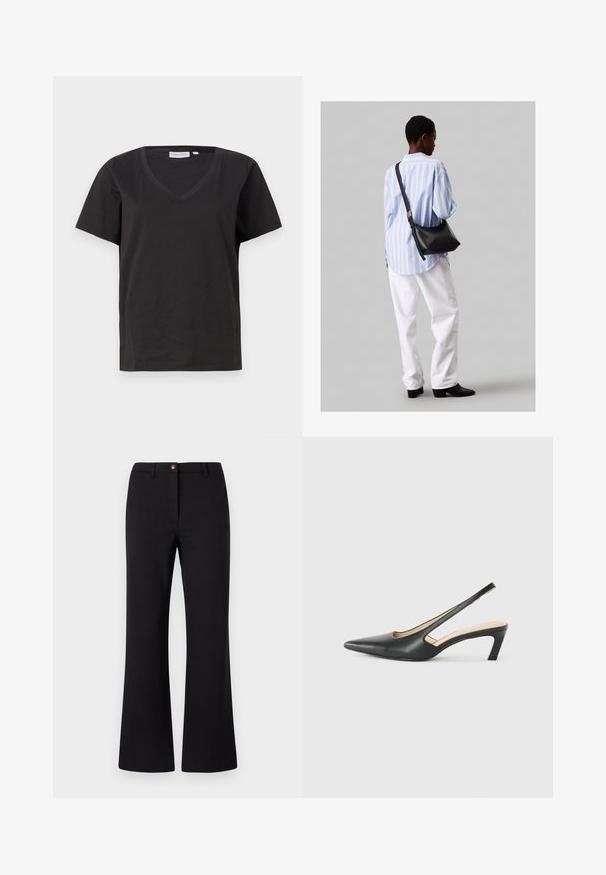 Melnas kokvilnas T-krekls ar V veida kakla izgriezumu un īsām piedurknēm. Vienkāršs dizains ar regulāru piegriezumu un bez rakstiem vai akcentiem.; Melni izplešami bikses, kas izgatavotas no gludas auduma, ar priekšējo pogu aizdari, jostas cilpām un tīru, šūtu dizainu.; Melna, ar smailu purngalu, slingback kurpe ar zemu papēdi, izgatavota no gludas ādas materiāla un ar izgriezumiem sānos gaisa caurlaidībai.; Melna ādas plecu soma ar mīkstu tekstūru, trīsstūra formu un regulējamu siksnu, apvienota ar gaiši zilu svītrotu krekli un baltām biksēm.