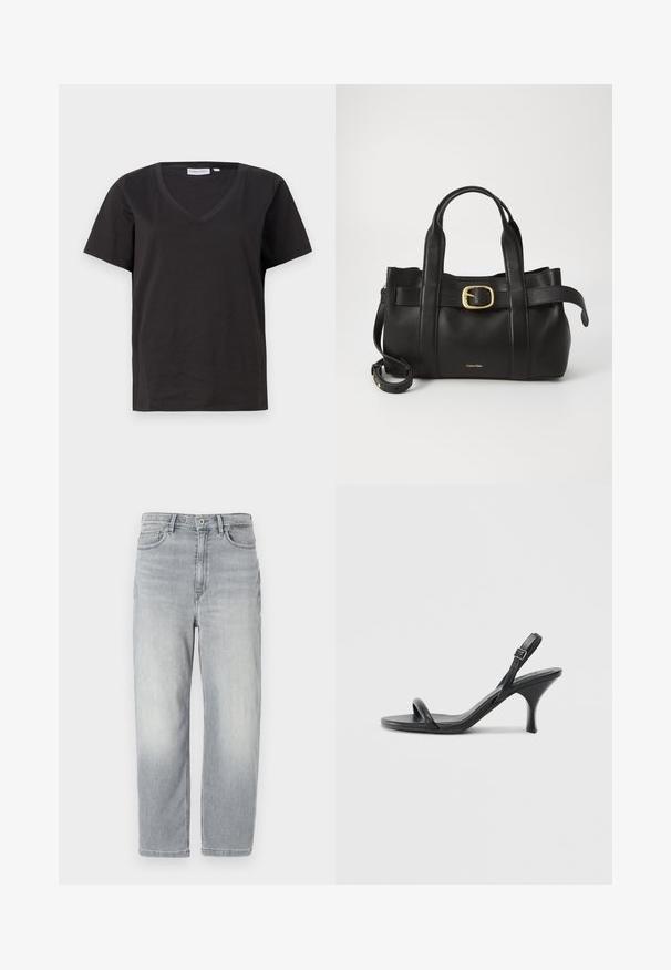 Black cotton T-shirt with a V-neck and short sleeves. Simple design with a regular fit and no patterns or accents.; Light gray denim jeans with a faded finish, featuring a straight cut, five pockets, belt loops, and a single button closure.; Black leather high-heeled sandals with a slim, curved heel and a crossed strap design. Adjustable ankle strap. Smooth texture.; Black leather handbag featuring a structured design, dual top handles, gold-tone buckle accent, and embossed brand logo at the front.