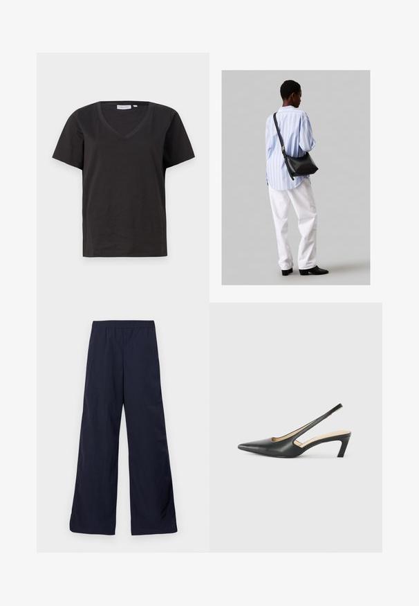 Must musta T-särk V-kaelusega ja lühikeste varrukatega. Lihtne disain, regulaarne istuvus, ilma mustrite ja aktsentideta.; Tumed sinepüksid, valmistatud kergetest materjalidest, sujuva tekstuuriga ja mugava elastse vöökohtaga.; Must mustaga, terav varvas, madala kontsaga sildiga king, mis on valmistatud siledast nahast ja mille küljel on lõike disain hingavuse tagamiseks.; Must have mustras alasi nahkpatsi, pehme tekstuuriga, kolmnurkse kujuga ja reguleeritava rihmaga, koos helesinise triibulise särgi ja valgete pükstega.