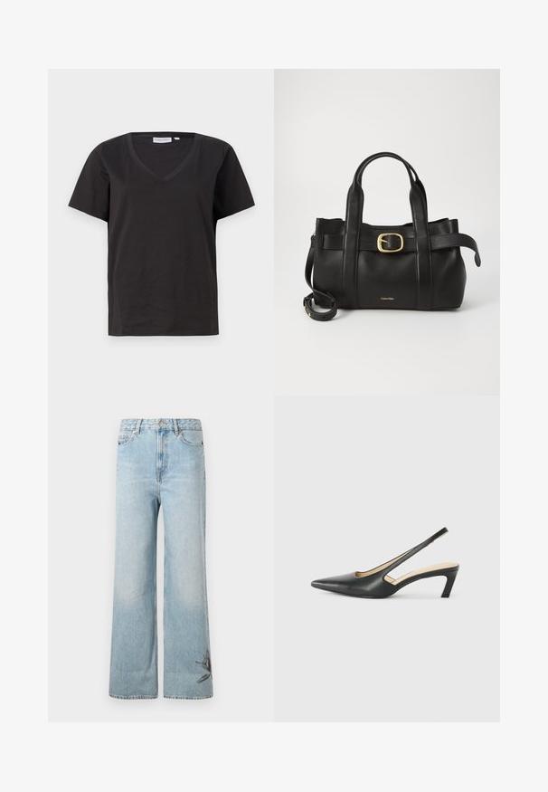 Čierne bavlnené tričko s výstrihom do V a krátkymi rukávmi. Jednoduchý dizajn s bežným strihom a bez vzorov alebo akcentov.; Svetlomodré džínsové nohavice s širokým strihom, vyrobené z denimu, s vyblednutou textúrou a kvetinovou výšivkou na dolnej ľavej nohe.; Čierne slingback topánky s ostrou špičkou a nízkym opätkom, vyrobené z hladkej kože a s výrezmi na boku pre lepšiu priedušnosť.; Čierna kožená kabelka s štruktúrovaným dizajnom, dvojitými hornými uchopiteľmi, zlatým prackovým akcentom a embosovaným logom značky na prednej strane.
