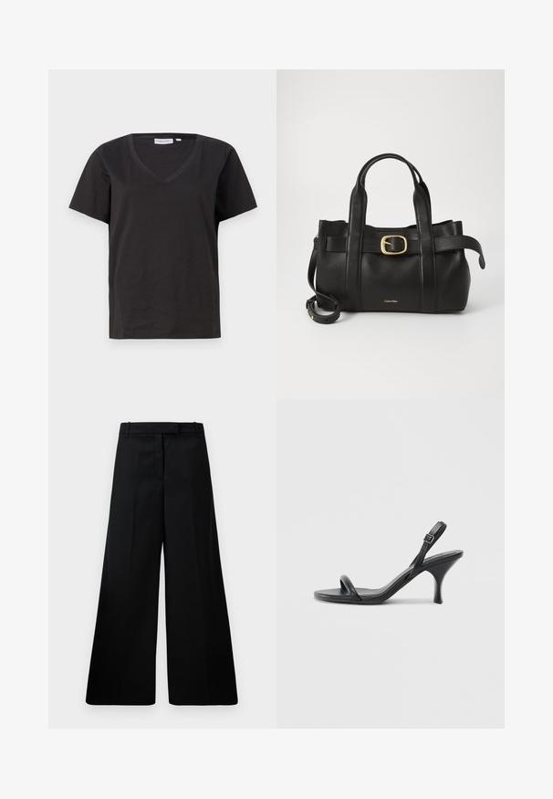 Musta puuvillainen T-paita, jossa on V-kaula-aukko ja lyhyet hihat. Yksinkertainen muotoilu, säännöllinen istuvuus ilman kuvioita tai koristeita.; Mustat leveälahkeiset housut, jotka on valmistettu sileästä kankaasta. Niissä on korkea vyötärö, kaksi etutaskua ja siisti leikkaus. Yksinkertainen pinta ilman kuvioita.; Mustat nahkaiset korkokengät, joissa on hoikka, kaareva korko ja ristiin menevä hihnadesign. Säädettävä nilkkahihna. Silkkinen pinta.; Musta nahkakäsilaukku, jossa on struktuurinen muotoilu, kaksoiskahvat, kultasävyinen solkiaksentti ja kohokuvioitu brändilogo edessä.