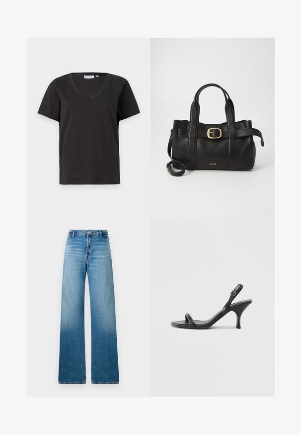 Zwarte katoenen T-shirt met een V-hals en korte mouwen. Eenvoudig ontwerp met een regular fit en zonder patronen of accenten.; Wijde jeans in lichtblauwe denim, met een klassieke vijf-pocket stijl en een subtiele gradient textuur van donkerder naar lichter blauw.; Zwarte leren sandalen met hoge hakken, een slanke, gebogen hak en een gekruist bandontwerp. Verstelbare enkelband. Soepele textuur.; Zwarte leren handtas met een gestructureerd ontwerp, dubbele handgrepen aan de bovenkant, een gouden gespaccent en een geperst merklogo aan de voorkant.