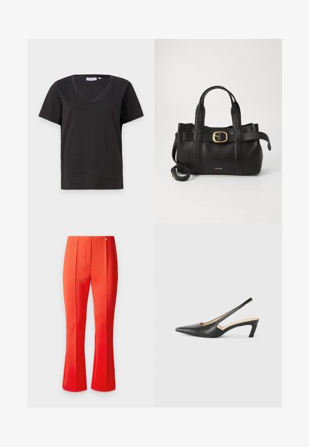 T-shirt in cotone nero con scollo a V e maniche corte. Design semplice con vestibilità regolare, senza motivi o dettagli.; Pantaloni rossi in satin con una forma svasata, dotati di una piega frontale e un bordo decorativo all'orlo. Un piccolo accento metallico è posizionato in vita.; Scarpa slingback nera con punta affilata e tacco basso, realizzata in pelle liscia e con un design a taglio laterale per favorire la traspirabilità.; Borsa a mano in pelle nera con un design strutturato, doppie maniglie superiori, accentuazione in metallo dorato e logo del marchio in rilievo sul davanti.
