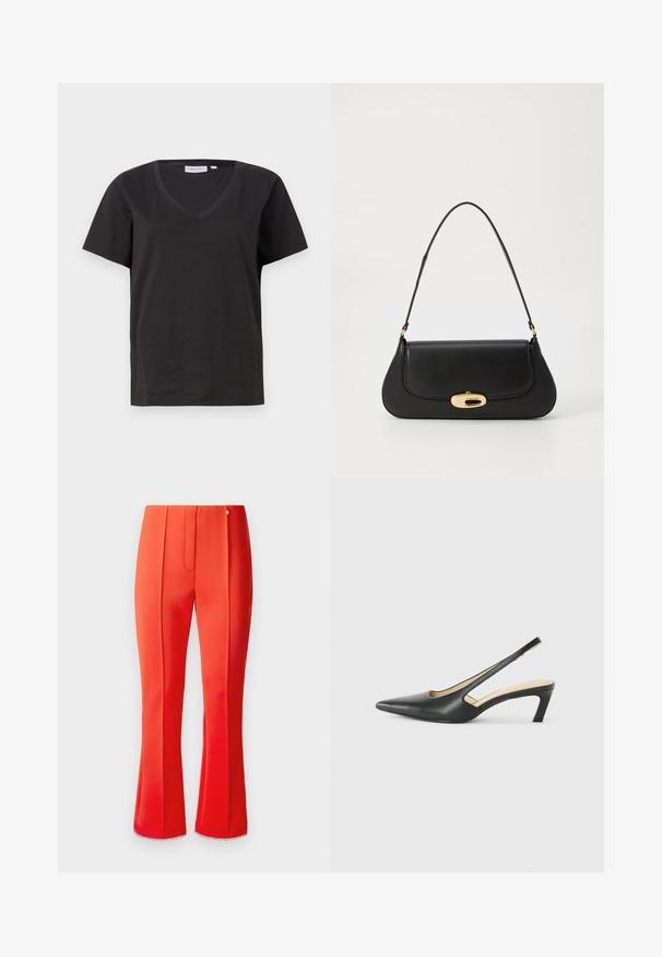 Zwarte katoenen T-shirt met een V-hals en korte mouwen. Eenvoudig ontwerp met een regular fit en zonder patronen of accenten.; Rode satijnen broeken met een uitlopende vorm, voorzien van een voorkant plooi en een decoratieve rand aan de zoom. Een klein metallic accent bevindt zich bij de tailleband.; Zwarte puntige slingback schoen met een lage hak, gemaakt van soepel leer en voorzien van een uitsnede aan de zijkant voor ventilatie.; Zwarte leren handtas met een gebogen ontwerp, goudkleurige accenten en een bovenhandvat. Heeft een strakke sluiting en een gladde textuur.