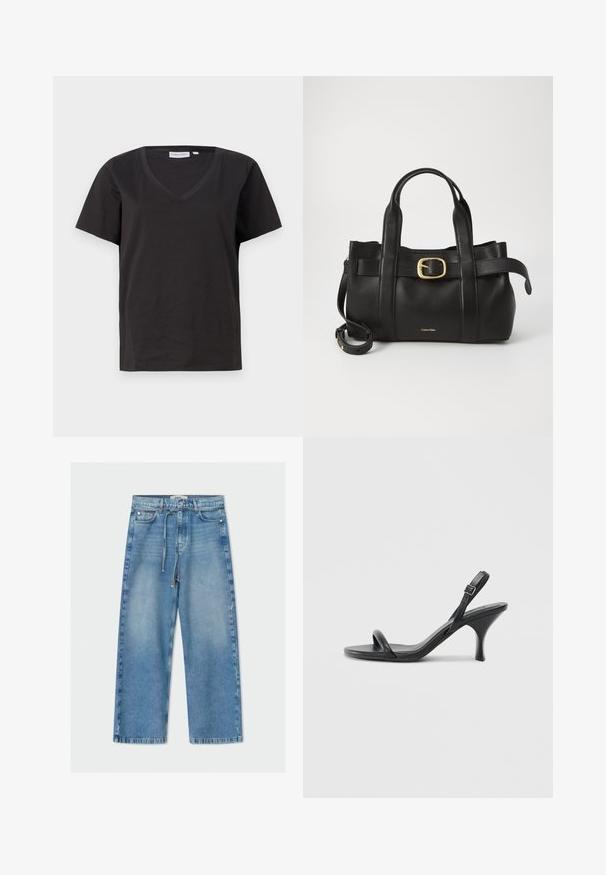 Sort bomulds T-shirt med V-hals og korte ærmer. Enkel design med regular fit og ingen mønstre eller accenter.; Lyst blå denim wide-leg jeans med høj talje, snøre, fem-lomme design og rå kantdetalje.; Sorte læder højhælede sandaler med en slank, buet hæl og et krydset stropdesign. Justerbar ankelrem. Glat tekstur.; Sort læderhåndtaske med et struktureret design, dobbelte toppegreb, guldtonet spændeaccents og præget logo på forsiden.