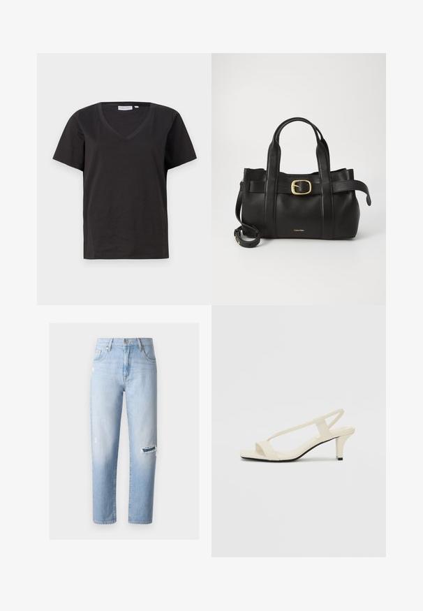 Svart bomull T-skjorte med V-hals og korte ermer. Enkel design med vanlig passform og uten mønstre eller detaljer.; Lys blå denim jeans med løs passform, med et ripete detalj på venstre kne og lett falming over hele. Klassisk femlommers design.; Beige blokk-høydesandaler med tynne stropper og firkantet tå. Glatt materiale med minimale detaljer, designet for enkel bruk.; Svart lærveske med en strukturert design, doble topphåndtak, gullfarget spenneakent og preget merke-logo foran.