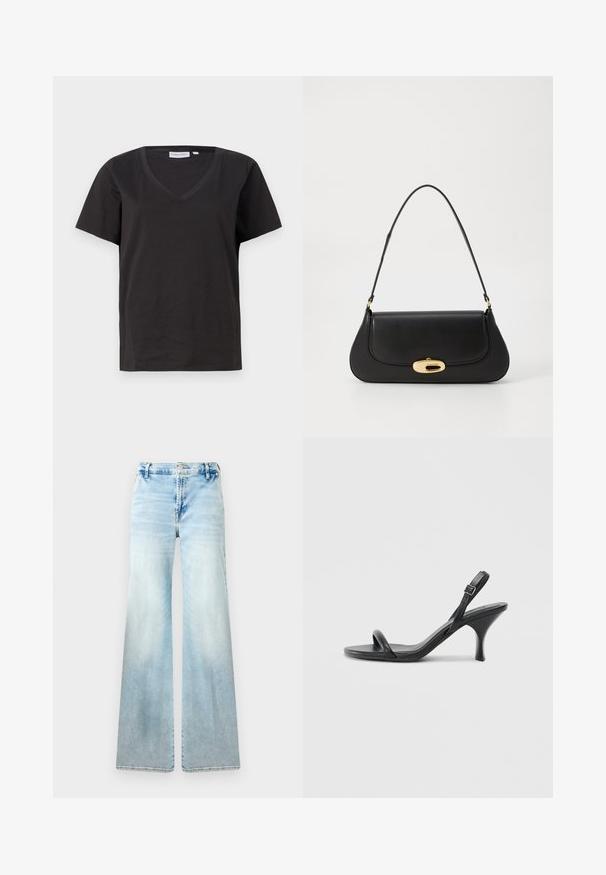 Black cotton T-shirt with a V-neck and short sleeves. Simple design with a regular fit and no patterns or accents.; Light blue flared jeans made from denim. Features a faded wash, standard pockets, and a button closure at the waist.; Black leather high-heeled sandals with a slim, curved heel and a crossed strap design. Adjustable ankle strap. Smooth texture.; Black leather handbag with a curved design, gold-tone hardware, and a top handle. Features a sleek closure and smooth texture.