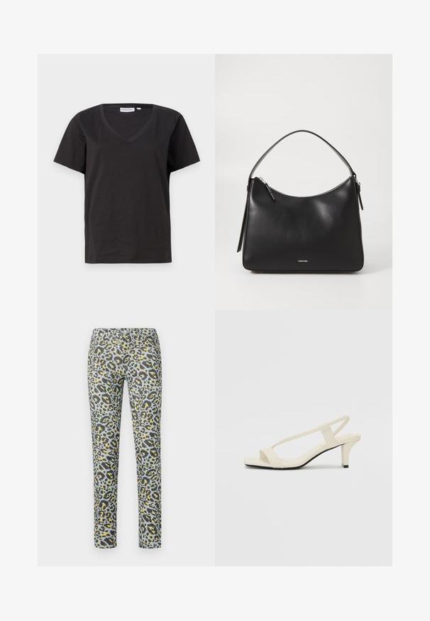 Svart bomull T-skjorte med V-hals og korte ermer. Enkel design med vanlig passform og uten mønstre eller detaljer.; Løveprint bukser i nuancer af grå, gul og blå. Tætsiddende, med en glat overflade og en knaplukning ved taljen.; Beige blokk-høydesandaler med tynne stropper og firkantet tå. Glatt materiale med minimale detaljer, designet for enkel bruk.; Svart skinnskulderveske med glatt tekstur, buet topp, glidelås og et subtilt logo foran. Har et enkelt flatt håndtak.