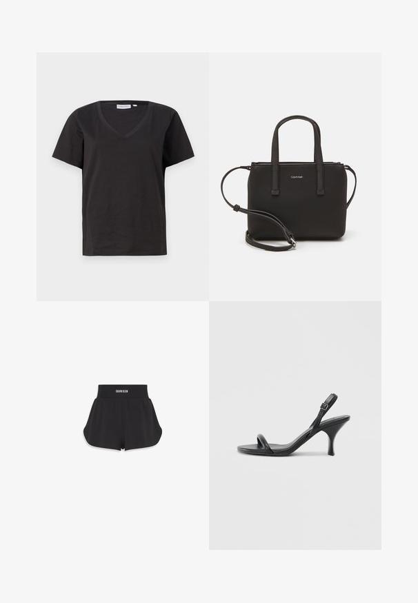Črna bombažna majica s kratkimi rokavi in V-izrezom. Preprost dizajn z običajnim krojem in brez vzorcev ali dodatkov.; Črne športne hlače iz lahkega materiala, s širokim elastičnim pasom z logotipom "Calvin Klein". Imajo razširjen kroj in gladko teksturo.; Črne usnjene visoke sandale s tankim, ukrivljenim petam in obliko križanih trakov. Nastavljiv trak okoli gležnja. Gladka tekstura.; Črna torbica z dvema kratkima ročajema in odstranljivim naramnim trakom. Gladek usnju podoben material z zadrgo in podrobnostmi z logotipom.