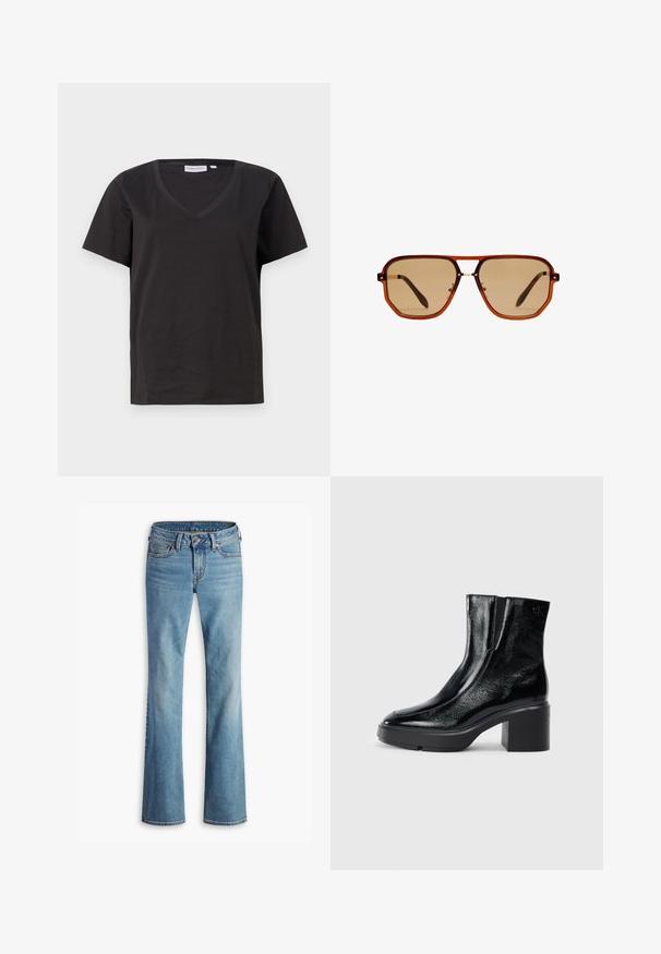 T-shirt in cotone nero con scollo a V e maniche corte. Design semplice con vestibilità regolare, senza motivi o dettagli.; Jeans in denim azzurro con vita alta, chiusura frontale con bottone e zip, cinque tasche e gambe leggermente svasate.; Stivali alla caviglia in pelle verniciata nera con punta curva, pannelli laterali elasticizzati e tacco robusto. Presentano un logo impresso sul retro.; Occhiali da sole ottagonali marroni con montatura trasparente color ambra e lenti sfumate marroni. Caratterizzati da un accento metallico sul ponte e stecche sottili.; Borsa a tracolla in suede marrone con doppio manico, chiusura a bottone e una forma rilassata, leggermente morbida.