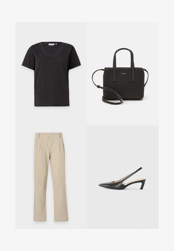Camisa de algodón negra con cuello en V y mangas cortas. Diseño simple con un corte regular y sin patrones ni acentos.; Pantalones de pierna ancha beige hechos de una mezcla de algodón; presentan pliegues en la parte frontal, corte recto y presillas para cinturón. Textura suave, sin patrones.; Zapato negro de punta afilada tipo slingback con un tacón bajo, que presenta un material de cuero suave y un diseño recortado en el lateral para mayor transpirabilidad.; Bolso de mano negro con dos asas cortas y una correa de hombro removible. Material suave tipo cuero con cierre de cremallera y detalle del logo.