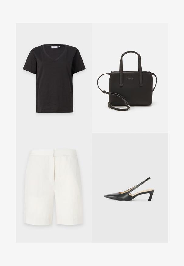 Černé bavlněné tričko s výstřihem do V a krátkým rukávem. Jednoduchý design s klasickým střihem bez vzorů nebo akcentů.; Bílé bavlněné šortky se přímým střihem, hladkým přední dílem a jemnou texturou. Mají pas a žádné viditelné kapsy. Jednoduchý design.; Černý špičatý slingback s nízkým podpatkem, vyrobený z hladké kůže, s výřezem na boku pro lepší prodyšnost.; Černá kabelka s dvojitými krátkými uchy a odnímatelným ramenním popruhem. Hladký koženkový materiál s uzávěrem na zip a detailem loga.
