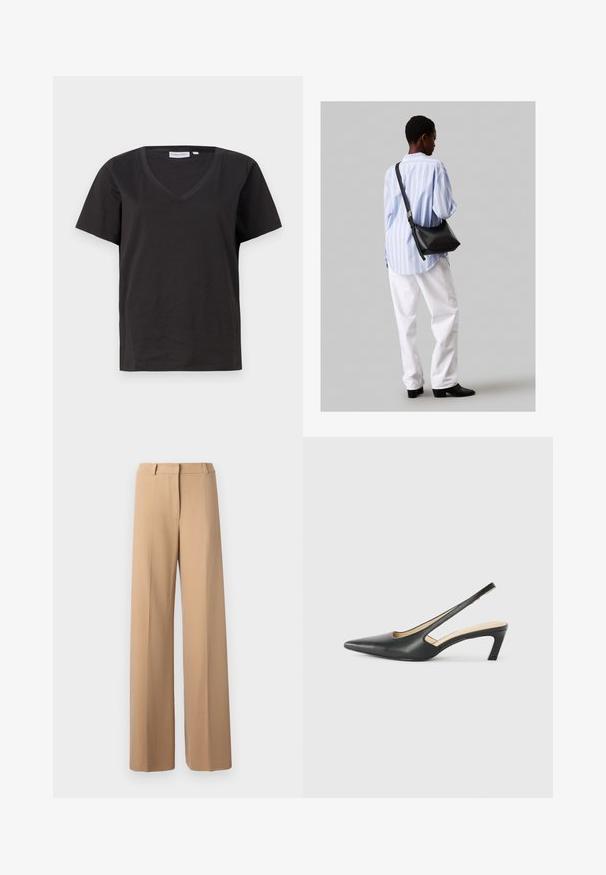 Černé bavlněné tričko s výstřihem do V a krátkým rukávem. Jednoduchý design s klasickým střihem bez vzorů nebo akcentů.; Béžové široké kalhoty s hladkou texturou, upraveným pasem, předními sklady a bez viditelných kapes.; Černý špičatý slingback s nízkým podpatkem, vyrobený z hladké kůže, s výřezem na boku pro lepší prodyšnost.; Černá kožená kabelka přes rameno s jemnou texturou, trojúhelníkovým tvarem a nastavitelným popruhem, v kombinaci se světle modrou pruhovanou košilí a bílými kalhotami.