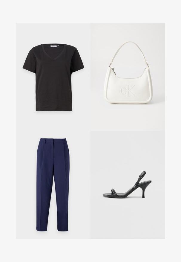 Musta puuvillainen T-paita, jossa on V-kaula-aukko ja lyhyet hihat. Yksinkertainen muotoilu, säännöllinen istuvuus ilman kuvioita tai koristeita.; Merikapset, joissa on räätälöity muotoilu. Ominaisuuksiin kuuluvat etupleatit, sileä rakenne ja suora lahkeen leikkaus. Ei näkyviä taskuja tai koristeita.; Mustat nahkaiset korkokengät, joissa on hoikka, kaareva korko ja ristiin menevä hihnadesign. Säädettävä nilkkahihna. Silkkinen pinta.; Valkoinen nahkalaukku, jossa on kaareva muotoilu, etupuolella kohokuvioitu "CK" -logo ja yksi olkahihna. Vetoketjukiinnitys ylhäällä.