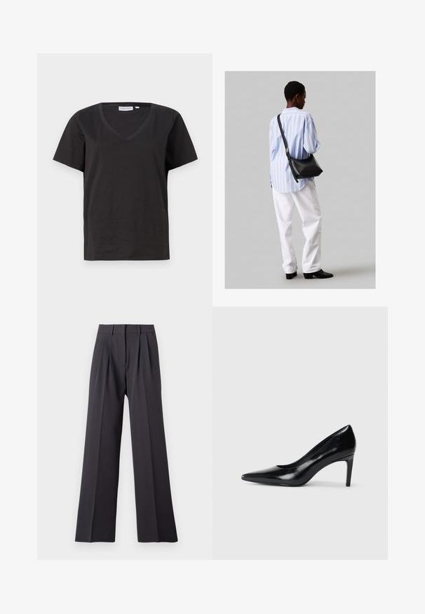 Czarna bawełniana koszulka z dekoltem w serek i krótkimi rękawami. Prosty design o regularnym kroju bez wzorów ani dodatków.; Spodnie o szerokich nogawkach w ciemnoszarym materiale. Charakteryzują się plisami w talii, dopasowanym pasem i gładką teksturą. Brak widocznych wzorów i elementów metalowych.; Czarna skórzana szpilka z ostrym noskiem, gładką fakturą i zwężającym się obcasem. Minimalistyczny design, bez dodatkowych zdobień.; Czarna skórzana torba na ramię o miękkiej fakturze, w kształcie trójkąta, z regulowanym paskiem, połączona z jasnoniebieską koszulą w paski i białymi spodniami.