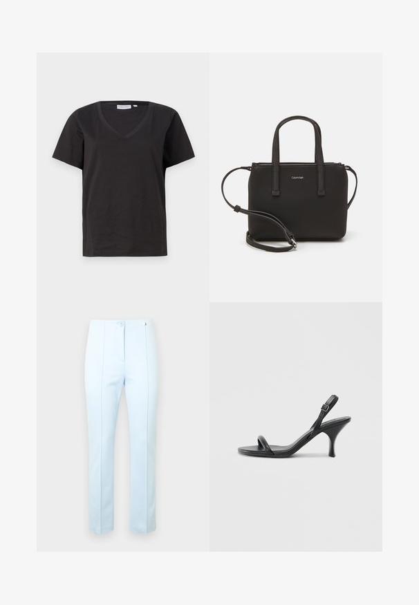 Must musta T-särk V-kaelusega ja lühikeste varrukatega. Lihtne disain, regulaarne istuvus, ilma mustrite ja aktsentideta.; Hele sinise tooniga kohandatud püksid, millel on sile tekstuur, kaks eesmist nuppu, küljetaskud ja peened vertikaalsed õmblused vormimiseks.; Mustad nahast kõrgete kontsadega sandaalid, millel on saledad, kõverad kontsad ja ristatud rihma disain. Reguleeritav pahkluu rihm. Sile tekstuur.; Musthave mustrans vöö ja eemaldatav õlarihm. Gludike nahk siledaga, millel on tõmblukk ja logo detail.