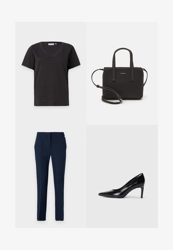 Čierne bavlnené tričko s výstrihom do V a krátkymi rukávmi. Jednoduchý dizajn s bežným strihom a bez vzorov alebo akcentov.; Námořnické kalhoty vyrobené z hladké tkaniny, s plochým předním dílem, poutek na opasek a jemným postranním detailem u pasu. Upravený střih.; Čierna kožená vysoká topánka s ihlovým podpätkom a špičatou špicou, hladkou textúrou a zúženým podpätkom. Minimalistický dizajn, bez ďalších ozdôb.; Čierna kabelka s dvojitými krátkymi rúčkami a odnímateľným ramenným popruhom. Hladký materiál podobný koži s uzatváraním na zips a detailom loga.