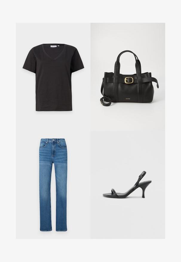 Juodas medvilninis marškinėlis su V formos iškirpte ir trumpomis rankovėmis. Paprastas dizainas, reguliaraus kirpimo, be raštų ar akcentų.; Mėlyni džinsai su tiesiu kirpimu, turintys mygtuką ir užtrauktuką, penkias kišenes ir subtilų blukimą palei kojas.; Juodos odinės aukštakulnės šlepetės su plonu, kreiviu kulnu ir kryžminiu dirželio dizainu. Reguliuojamas kulkšnies dirželis. Lygus paviršius.; Juodas odinis rankinės maišas su struktūrizuotu dizainu, dviem viršutinėmis rankenomis, auksinės spalvos sagtimi ir iškilniu prekės ženklu priekyje.