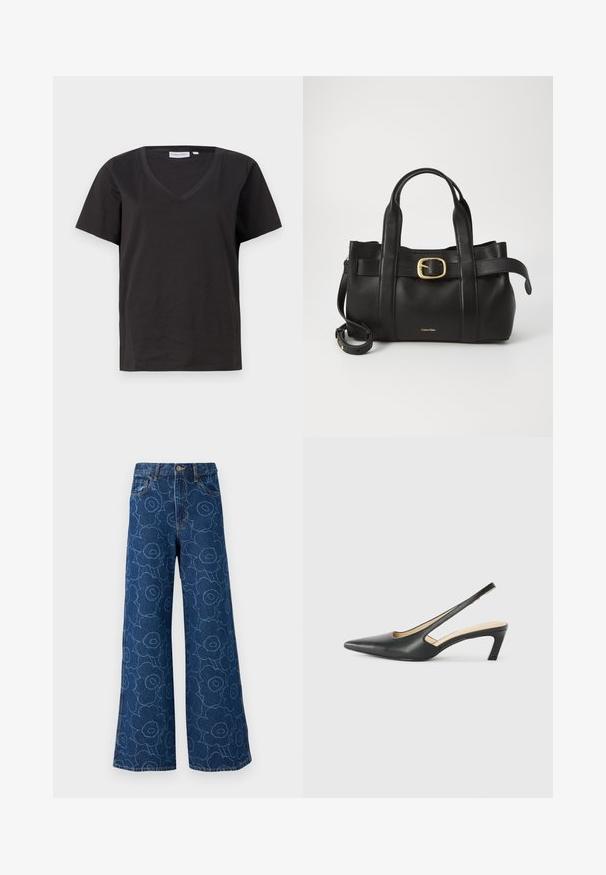 Μαύρο βαμβακερό T-shirt με V λαιμόκοψη και κοντά μανίκια. Απλός σχεδιασμός με κανονική εφαρμογή και χωρίς μοτίβα ή διακοσμητικά.; Marimekko Τζιν χαλαρής εφαρμογής - unikko denim; Μαύρο παπούτσι slingback με αιχμηρή μύτη και χαμηλό τακούνι, κατασκευασμένο από λείο δέρμα με σχέδιο κοπής στη πλευρά για αερισμό.; Μαύρη δερμάτινη τσάντα με δομημένο σχέδιο, διπλούς επάνω χειρολαβές, χρυσή αγκράφα διακόσμηση και ανάγλυφο λογότυπο μπροστά.