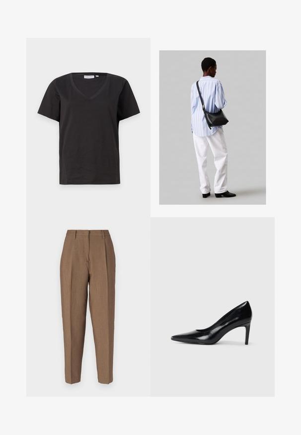 Must musta T-särk V-kaelusega ja lühikeste varrukatega. Lihtne disain, regulaarne istuvus, ilma mustrite ja aktsentideta.; Pruuni kohandatud püksid tekstuurse kudumisega, millel on kõrge vöökoht, ees olevad voldid ja sirge jala disain. Ilma nähtavate riistavarade või taskuteta.; Mustmust musta kõrge kontsaga king, millel on terav varvas, sile tekstuur ja kitsenev konts. Minimalistlik disain, ilma täiendavate kaunistusteta.; Must have mustras alasi nahkpatsi, pehme tekstuuriga, kolmnurkse kujuga ja reguleeritava rihmaga, koos helesinise triibulise särgi ja valgete pükstega.