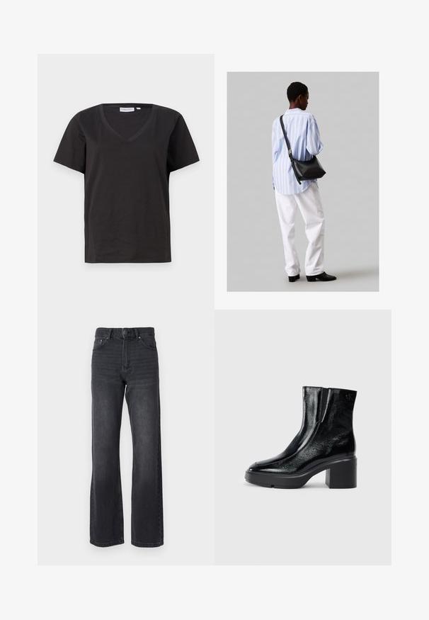 Juodas medvilninis marškinėlis su V formos iškirpte ir trumpomis rankovėmis. Paprastas dizainas, reguliaraus kirpimo, be raštų ar akcentų.; Juodi aukštu juosmeniu džinsai su tiesiomis kojomis, pagaminti iš džinsinio audinio. Turi penkis kišenes ir subtilius blukimo efektus ant audinio.; Juodi lakiniai auliniai batai iki kulkšnies, su išlenktu pirštu, elastinėmis šoninėmis panelėmis ir masyviu blokuotu kulnu. Apdailoje užpakalinėje dalyje įspaustas logotipas.; Juodas odinis petinis krepšys su minkšta tekstūra, trikampiu pavidalu ir reguliuojama juosta, derinamas su šviesiai mėlynu dryžuotu marškinėliu ir baltais džinsais.