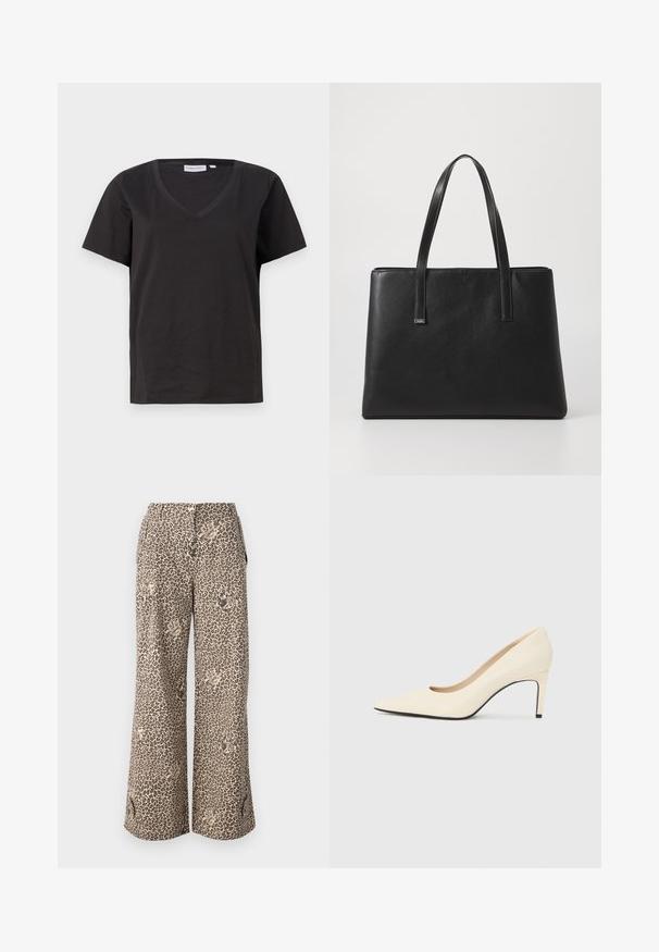 Sort bomulds T-shirt med V-hals og korte ærmer. Enkel design med regular fit og ingen mønstre eller accenter.; Bredde bukser med leopardmønster i tan- og brune nuancer, lavet af blødt stof, med sidelommer og en knaplukning i taljen.; Hvide læder højhælede pumps med spids tå, glat tekstur og sort sålespids. Klassisk design med en moderat hælhøjde.; Sort læder tote taske med to lange håndtag, rektangulær form, tekstureret overflade og minimalistisk design. Ingen synligt hardware eller accenter.