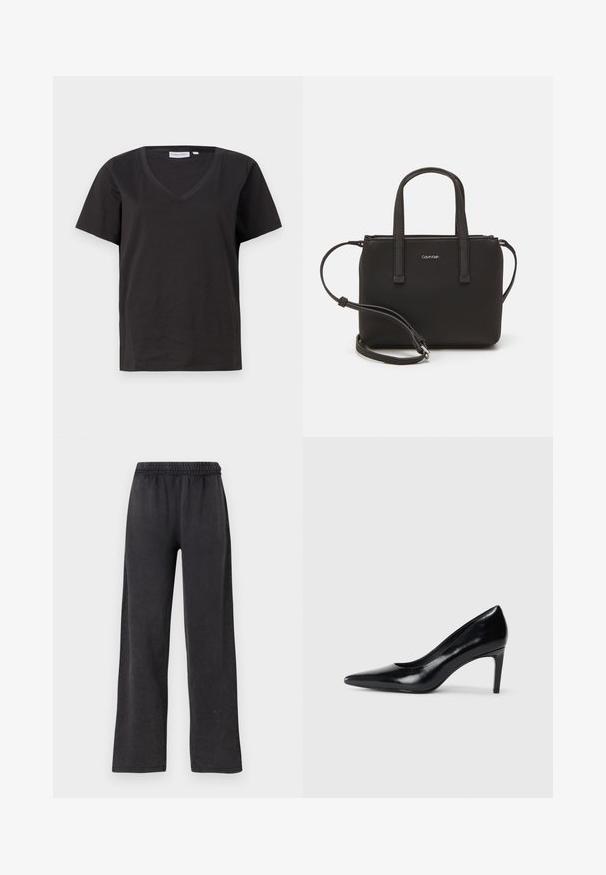 Black cotton T-shirt with a V-neck and short sleeves. Simple design with a regular fit and no patterns or accents.; Black, wide-leg pants with an elastic waistband, made of soft fabric. Smooth texture with a loose fit and no visible pockets or hardware.; Black leather high heel shoe with a pointed toe, smooth texture, and a tapered heel. Minimalist design, no additional embellishments.; Black handbag with dual short handles and a removable shoulder strap. Smooth leather-like material with a zip closure and logo detail.