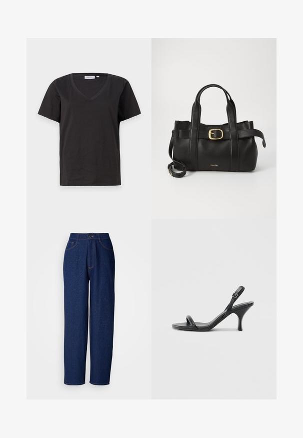 Fekete pamut póló V-nyakkal és rövid ujjakkal. Egyszerű dizájn, normál fazon, minta vagy díszítés nélkül.; Sötétkék farmer széles lábú nadrág magas derékkal, narancssárga varrásokkal, elölt zsebekkel és gombos záródással. Sima textúra, finom foltokkal.; Fekete bőrből készült, magassarkú szandál, vékony, ívelt sarokkal és keresztben átkötött pántokkal. Állítható bokapánt. Sima felület.; Fekete bőr kézitáska, amely strukturált kialakítással rendelkezik, dupla felső fogantyúval, arany tónusú csattal és a márka dombornyomott logójával az elején.
