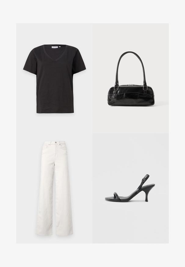 Black cotton T-shirt with a V-neck and short sleeves. Simple design with a regular fit and no patterns or accents.; ONLY Tall ONLHOPE GLOBAL HIGH WAIST WIDE - Trousers - pumice stone; Black leather high-heeled sandals with a slim, curved heel and a crossed strap design. Adjustable ankle strap. Smooth texture.; Black leather handbag with a rectangular shape, featuring a single structured handle, silver hardware, and zip closure. Smooth texture.
