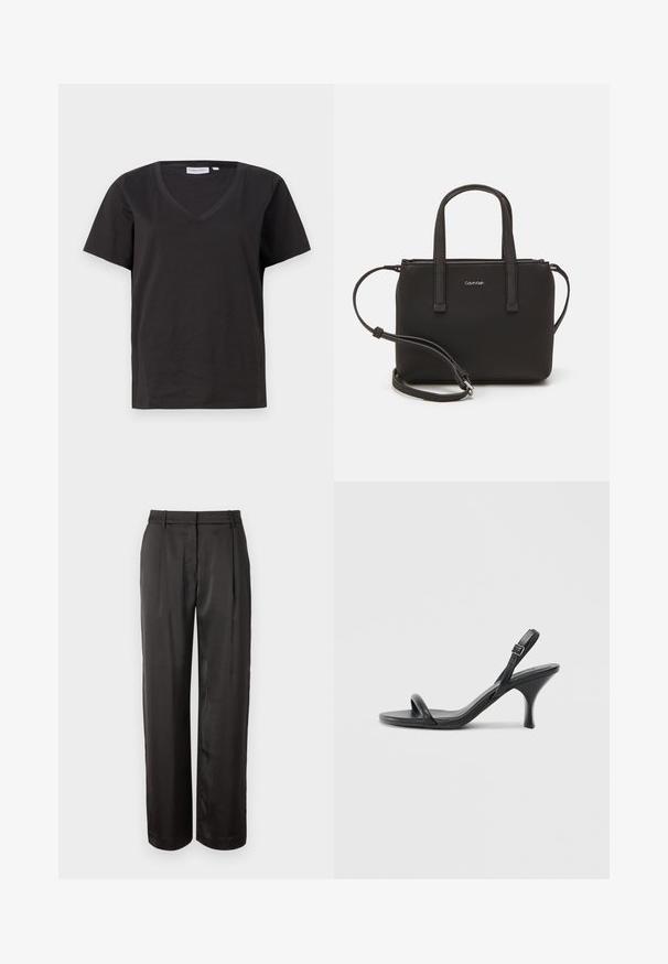 Sort bomulds T-shirt med V-hals og korte ærmer. Enkel design med regular fit og ingen mønstre eller accenter.; Sort, høj talje bukser lavet af glat stof. Har en lige pasform, to frontplisseringer og bæltestropper.; Sorte læder højhælede sandaler med en slank, buet hæl og et krydset stropdesign. Justerbar ankelrem. Glat tekstur.; Sort håndtaske med to korte håndtag og en aftagelig skulderrem. Glat læderagtigt materiale med lynlåslukning og logo detaljer.