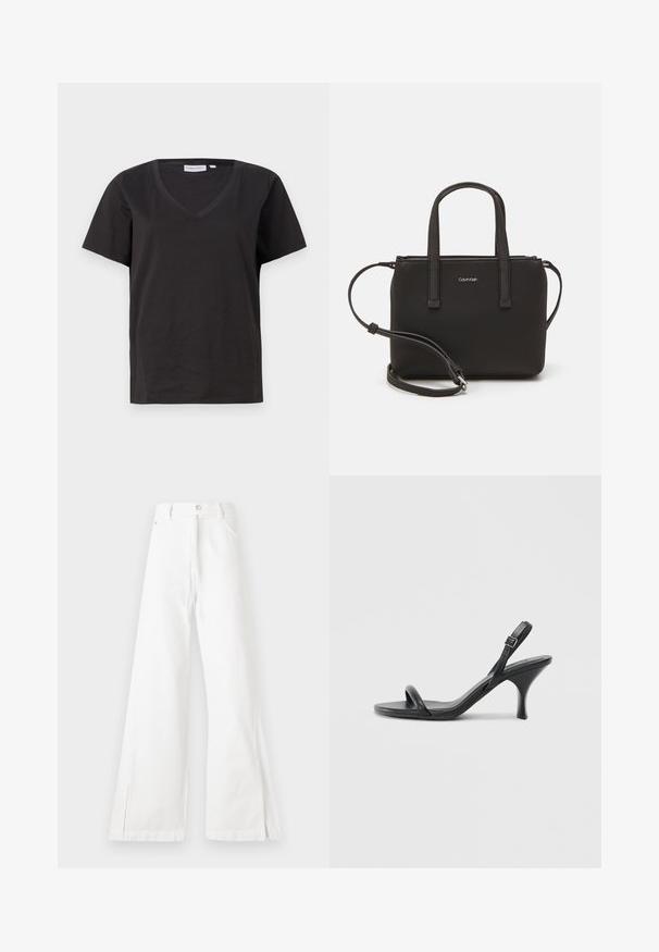 Musta puuvillainen T-paita, jossa on V-kaula-aukko ja lyhyet hihat. Yksinkertainen muotoilu, säännöllinen istuvuus ilman kuvioita tai koristeita.; Valkoiset leveälahkeiset farkut, joissa on korkea vyötärö, valmistettu denimestä. Sisältää etutaskut, nappikiinnityksen ja sivuaukot helmoissa.; Mustat nahkaiset korkokengät, joissa on hoikka, kaareva korko ja ristiin menevä hihnadesign. Säädettävä nilkkahihna. Silkkinen pinta.; Musta käsilaukku, jossa on kaksinkertaiset lyhyet kahvat ja irrotettava olkahihna. Silkkinen nahkatunneinen materiaali, jossa on vetoketjukiinnitys ja logoyksityiskohta.