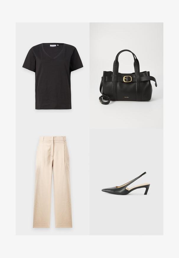 Black cotton T-shirt with a V-neck and short sleeves. Simple design with a regular fit and no patterns or accents.; Beige trousers made from smooth fabric. Features a straight cut, flat front, and two pleats. No visible patterns or hardware.; Black pointy-toed slingback shoe with a low heel, featuring smooth leather material and cut-out design on the side for breathability.; Black leather handbag featuring a structured design, dual top handles, gold-tone buckle accent, and embossed brand logo at the front.