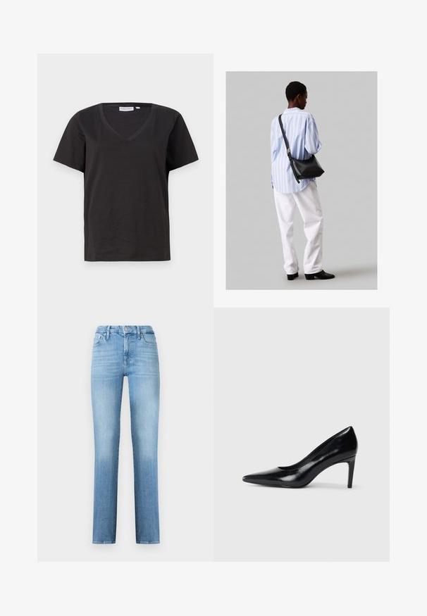 Čierne bavlnené tričko s výstrihom do V a krátkymi rukávmi. Jednoduchý dizajn s bežným strihom a bez vzorov alebo akcentov.; Svetlomodré rovné džínsy vyrobené z denimu, s klasickým dizajnom s piatimi vreckami a prešitým opaskom s predným zapínaním na gombík.; Čierna kožená vysoká topánka s ihlovým podpätkom a špičatou špicou, hladkou textúrou a zúženým podpätkom. Minimalistický dizajn, bez ďalších ozdôb.; Čierna kožená ramenná taška so mäkkou textúrou, trojuholníkovým tvarom a nastaviteľným popruhom, skombinovaná s svetlomodrou pruhovanou košeľou a bielymi nohavicami.