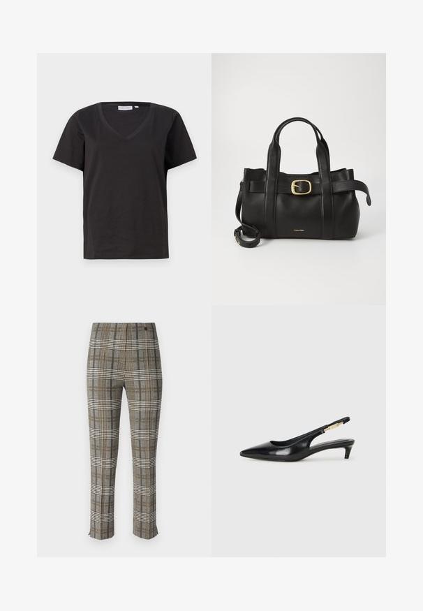 Czarna bawełniana koszulka z dekoltem w serek i krótkimi rękawami. Prosty design o regularnym kroju bez wzorów ani dodatków.; Spodnie w kratę w szarym, czarnym i żółtym wzorze, dopasowany krój, z zapięciem na suwak z przodu oraz delikatnymi rozcięciami na kostkach u dołu.; Czarne skórzane szpilki typu slingback z ostrym noskiem, posiadające smukły obcas i złoty akcent na regulowanym pasku. Gładka tekstura.; Czarna skórzana torebka o zorganizowanej konstrukcji, z podwójnymi uchwytami u góry, akcentem w postaci złotego zapięcia oraz wytłoczonym logo marki z przodu.