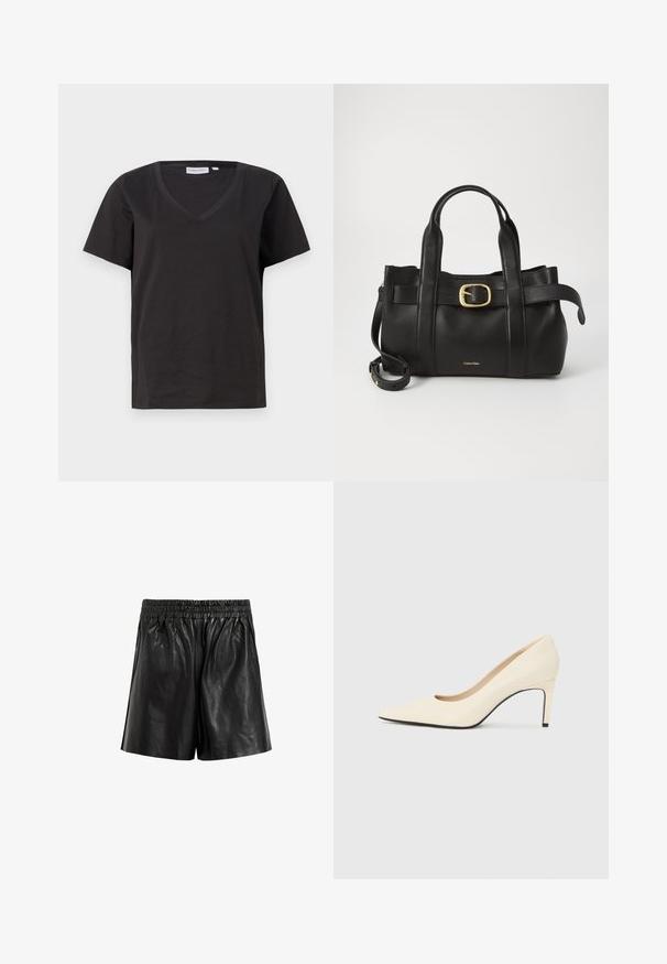 Svart bomull T-skjorte med V-hals og korte ermer. Enkel design med vanlig passform og uten mønstre eller detaljer.; Sorte skinnshorts med elastisk midjebånd, med en glatt tekstur, vide ben og ingen synlige lommer eller dekorasjoner.; Hvit lær høyhælte pumps med spiss tå, glatt tekstur og svart såle. Klassisk design med moderat helhøyde.; Svart lærveske med en strukturert design, doble topphåndtak, gullfarget spenneakent og preget merke-logo foran.