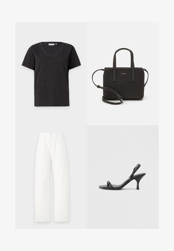 Melnas kokvilnas T-krekls ar V veida kakla izgriezumu un īsām piedurknēm. Vienkāršs dizains ar regulāru piegriezumu un bez rakstiem vai akcentiem.; Balti platām kājām džinsi, izgatavoti no kokvilnas, ar augstu vidukli, divām priekšējām kabatām un vienu pogas aizdari ar rāvējslēdzēju.; Melnas ādas augstpapēžu sandales ar plānu, izliekta formas papēdi un krustenisku siksnu dizainu. Regulējama potītes siksna. Gluda tekstūra.; Melns roku soma ar divām īsām rokturiem un noņemamu plecu siksnu. Gluda ādas līdzīga materiāla ar rāvējslēdzēja aizdari un logos detaļu.