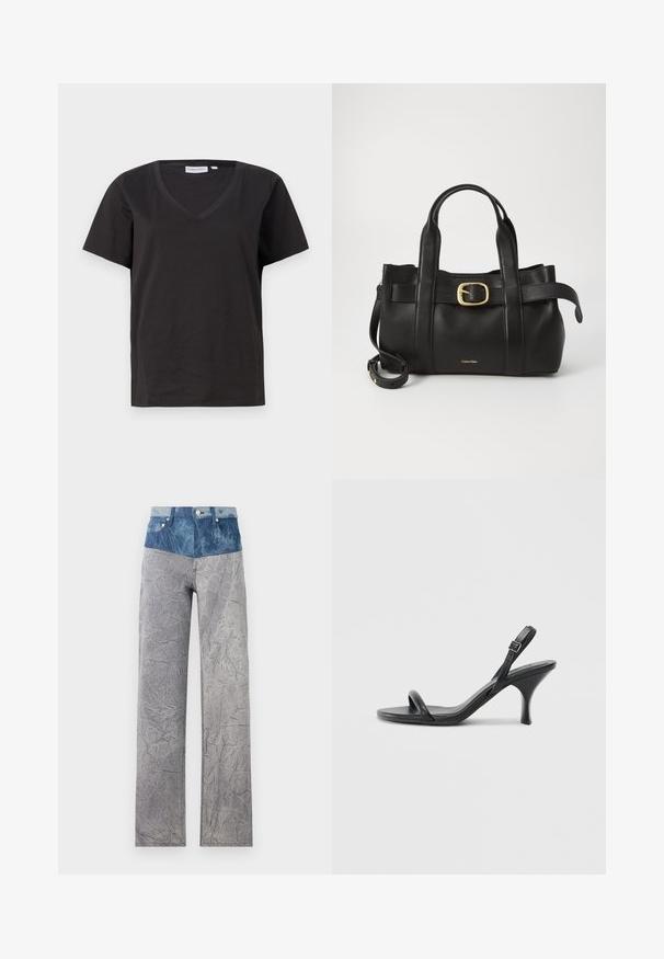 Black cotton T-shirt with a V-neck and short sleeves. Simple design with a regular fit and no patterns or accents.; Denim pants with a high, light blue waistband transitioning to a crinkled grey body. Features standard pockets and button closures.; Black leather high-heeled sandals with a slim, curved heel and a crossed strap design. Adjustable ankle strap. Smooth texture.; Black leather handbag featuring a structured design, dual top handles, gold-tone buckle accent, and embossed brand logo at the front.