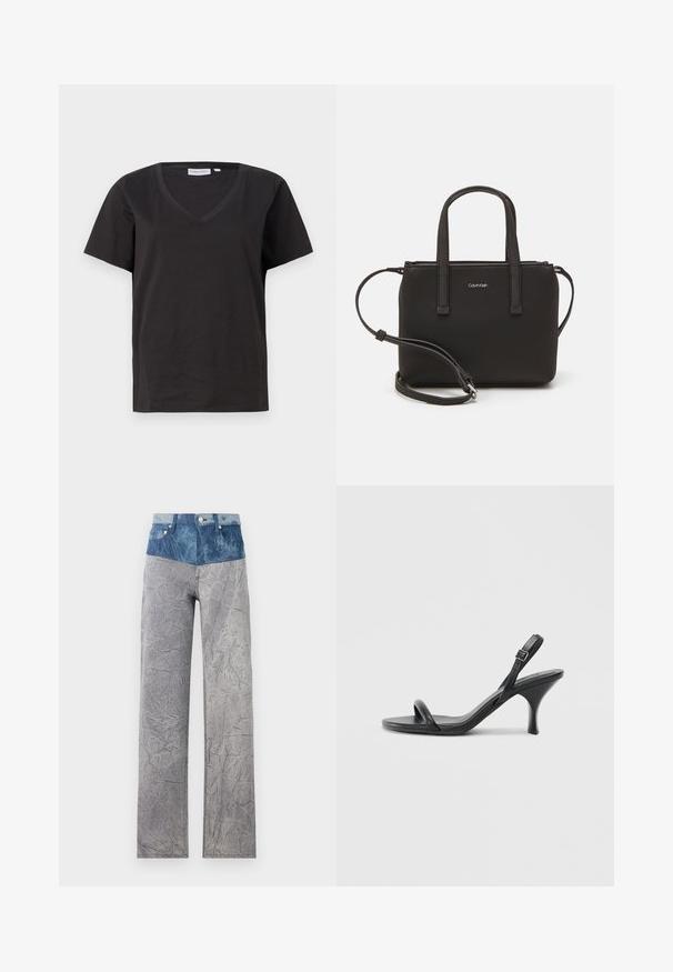 Zwarte katoenen T-shirt met een V-hals en korte mouwen. Eenvoudig ontwerp met een regular fit en zonder patronen of accenten.; Denim broek met een hoge, lichtblauwe tailleband die overgaat in een gekreukeld grijs zak. Bevat standaardzakken en knoopsluitingen.; Zwarte leren sandalen met hoge hakken, een slanke, gebogen hak en een gekruist bandontwerp. Verstelbare enkelband. Soepele textuur.; Zwarte handtas met dubbele korte handvatten en een afneembare schouderriem. Glad, leerachtig materiaal met een ritssluiting en logo-detail.