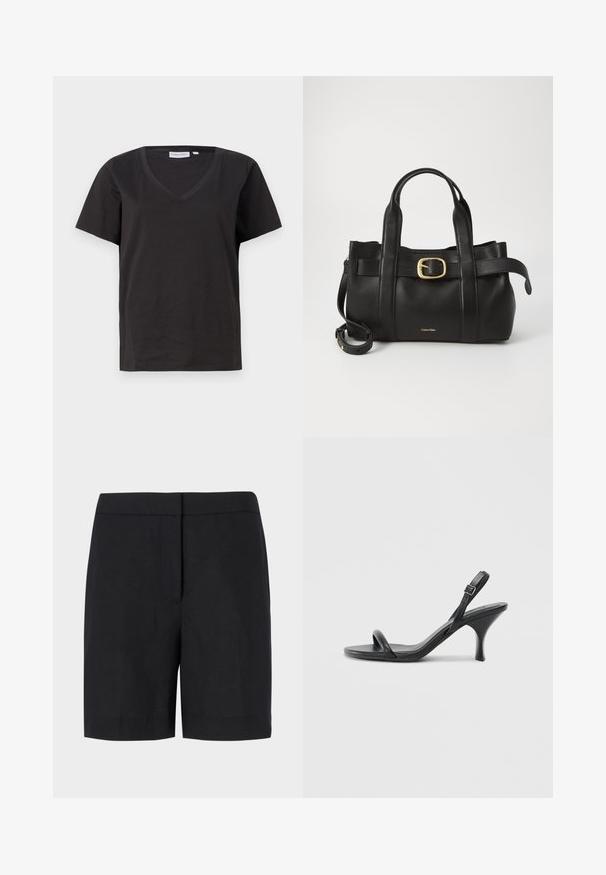 T-shirt in cotone nero con scollo a V e maniche corte. Design semplice con vestibilità regolare, senza motivi o dettagli.; Pantaloni shorts neri realizzati in tessuto leggero, caratterizzati da un taglio dritto classico, design minimalista e senza hardware o motivi visibili.; Sandali con tacco alto in pelle nera, con tacco sottile e curvo e design a fascia incrociata. Cinghia alla caviglia regolabile. Texture liscia.; Borsa a mano in pelle nera con un design strutturato, doppie maniglie superiori, accentuazione in metallo dorato e logo del marchio in rilievo sul davanti.