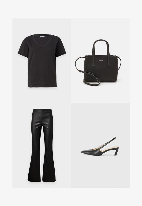 Must musta T-särk V-kaelusega ja lühikeste varrukatega. Lihtne disain, regulaarne istuvus, ilma mustrite ja aktsentideta.; Mustad flared püksid, mis on valmistatud siledast ja läikivast materjalist. Kõrge vöökoht, sobiv ülasegment, laiendudes põlvest allapoole.; Must mustaga, terav varvas, madala kontsaga sildiga king, mis on valmistatud siledast nahast ja mille küljel on lõike disain hingavuse tagamiseks.; Musthave mustrans vöö ja eemaldatav õlarihm. Gludike nahk siledaga, millel on tõmblukk ja logo detail.