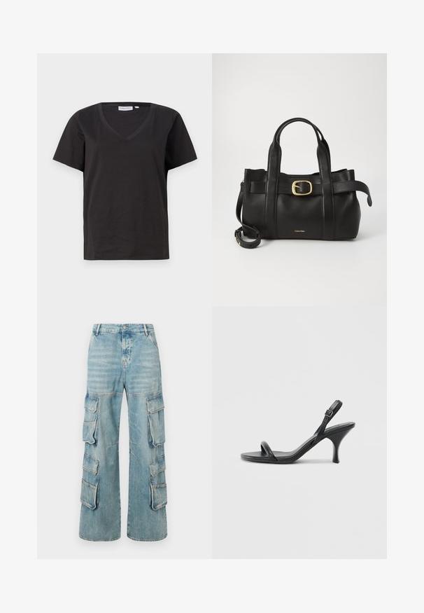 Black cotton T-shirt with a V-neck and short sleeves. Simple design with a regular fit and no patterns or accents.; Light blue denim cargo pants with a wide leg, featuring six patch pockets and visible stitching. Distressed accents throughout.; Black leather high-heeled sandals with a slim, curved heel and a crossed strap design. Adjustable ankle strap. Smooth texture.; Black leather handbag featuring a structured design, dual top handles, gold-tone buckle accent, and embossed brand logo at the front.