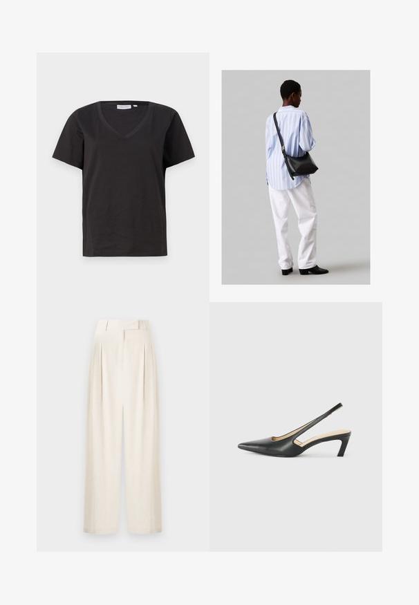 Čierne bavlnené tričko s výstrihom do V a krátkymi rukávmi. Jednoduchý dizajn s bežným strihom a bez vzorov alebo akcentov.; Krémové široké nohavice vyrobené z textúrovanej tkaniny, s vysokým pásom, skladmi a rovným strihom.; Čierne slingback topánky s ostrou špičkou a nízkym opätkom, vyrobené z hladkej kože a s výrezmi na boku pre lepšiu priedušnosť.; Čierna kožená ramenná taška so mäkkou textúrou, trojuholníkovým tvarom a nastaviteľným popruhom, skombinovaná s svetlomodrou pruhovanou košeľou a bielymi nohavicami.