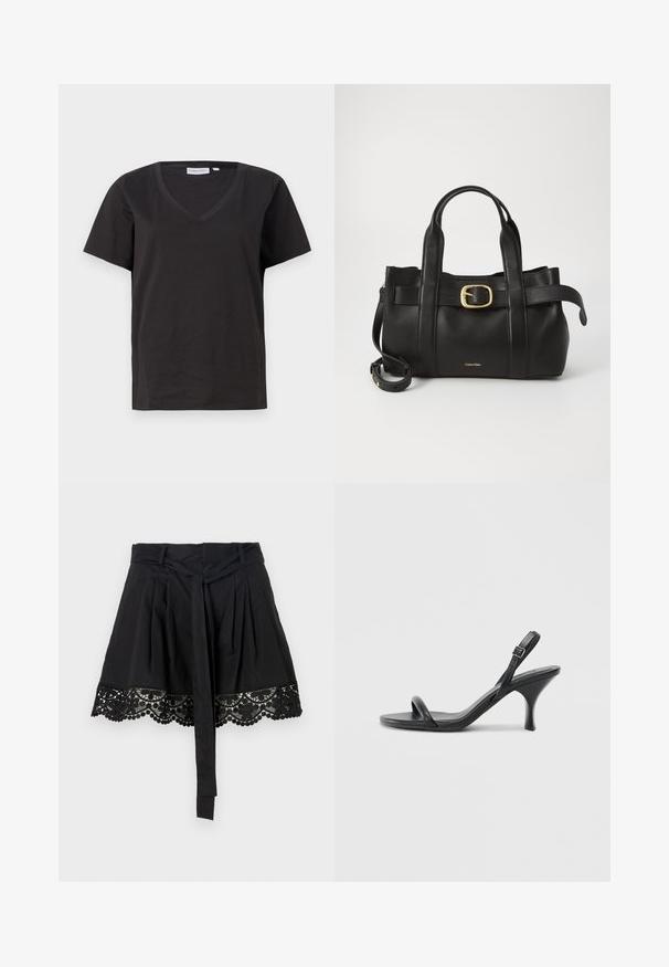 Black cotton T-shirt with a V-neck and short sleeves. Simple design with a regular fit and no patterns or accents.; Black skirt with a textured lace hem featuring scalloped edges and pompom details. The design includes a tied waist accent.; Black leather high-heeled sandals with a slim, curved heel and a crossed strap design. Adjustable ankle strap. Smooth texture.; Black leather handbag featuring a structured design, dual top handles, gold-tone buckle accent, and embossed brand logo at the front.