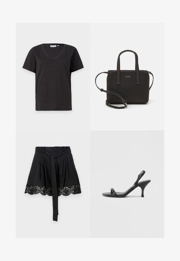 Crni pamučni T-shirt s V-izrezom i kratkim rukavima. Jednostavan dizajn s regularnom krojem i bez uzoraka ili akcenta.; Crna suknja s teksturiranim čipkastim rubom koji ima valovite ivice i detalje u obliku pompona. Dizajn uključuje naglašeni pojas s mašnom.; Crne kožne sandale na visoku petu s tankom, zakrivljenom petom i dizajnom prekriženih traka. Podesiva traka oko gležnja. Glatka tekstura.; Crna torba s dva kratka ručka i uklonjivom naramenicom. Glatki materijal nalik koži s zatvaračem na zatvaranje i detaljem s logom.
