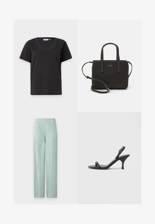 T-shirt en coton noir avec un col en V et des manches courtes. Design simple avec une coupe régulière et sans motifs ni accents.; DRYKORN BEFORE - Pantalon classique - blue; Sandales à talons hauts en cuir noir avec un talon fin et courbé et un design de brides croisées. Bride de cheville réglable. Texture lisse.; Sac à main noir avec deux poignées courtes et une bandoulière amovible. Matière lisse semblable à du cuir avec une fermeture éclair et un détail de logo.