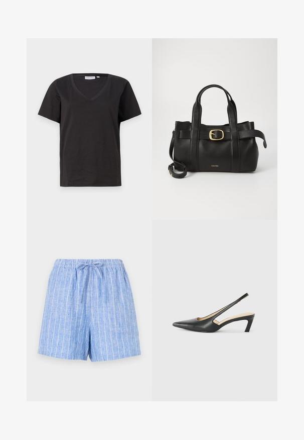 Sort bomulds T-shirt med V-hals og korte ærmer. Enkel design med regular fit og ingen mønstre eller accenter.; Lysblå linned-shorts med hvide lodrette striber, elastisk talje og en bundet snor foran.; Sorte spidse slingback-sko med en lav hæl, lavet af glat læder og med udskæringer på siden for åndbarhed.; Sort læderhåndtaske med et struktureret design, dobbelte toppegreb, guldtonet spændeaccents og præget logo på forsiden.